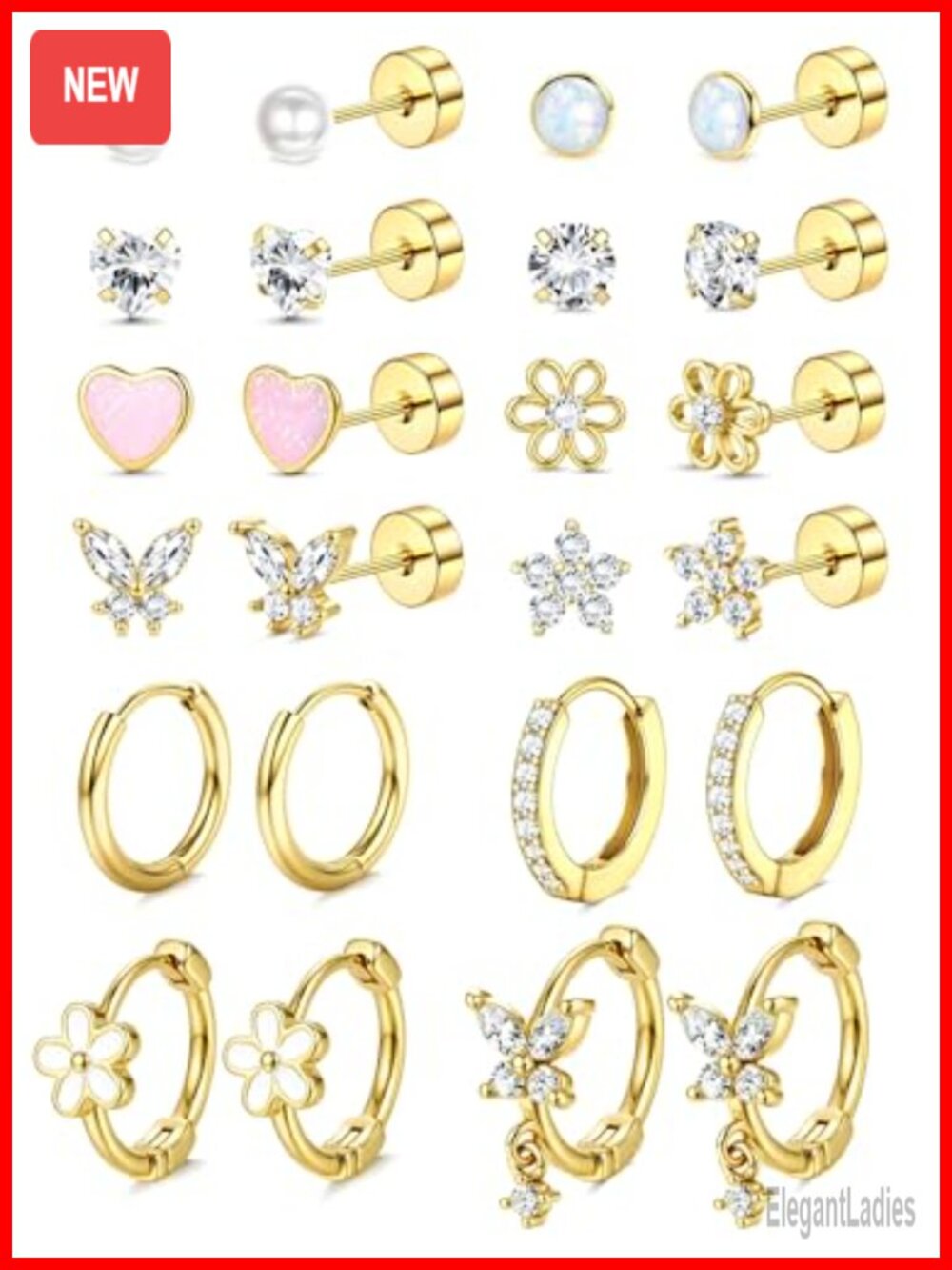 Hypoallergenic Flat Back Earrings 14K Gold Plated Surgical Steel Stud Hoop Set